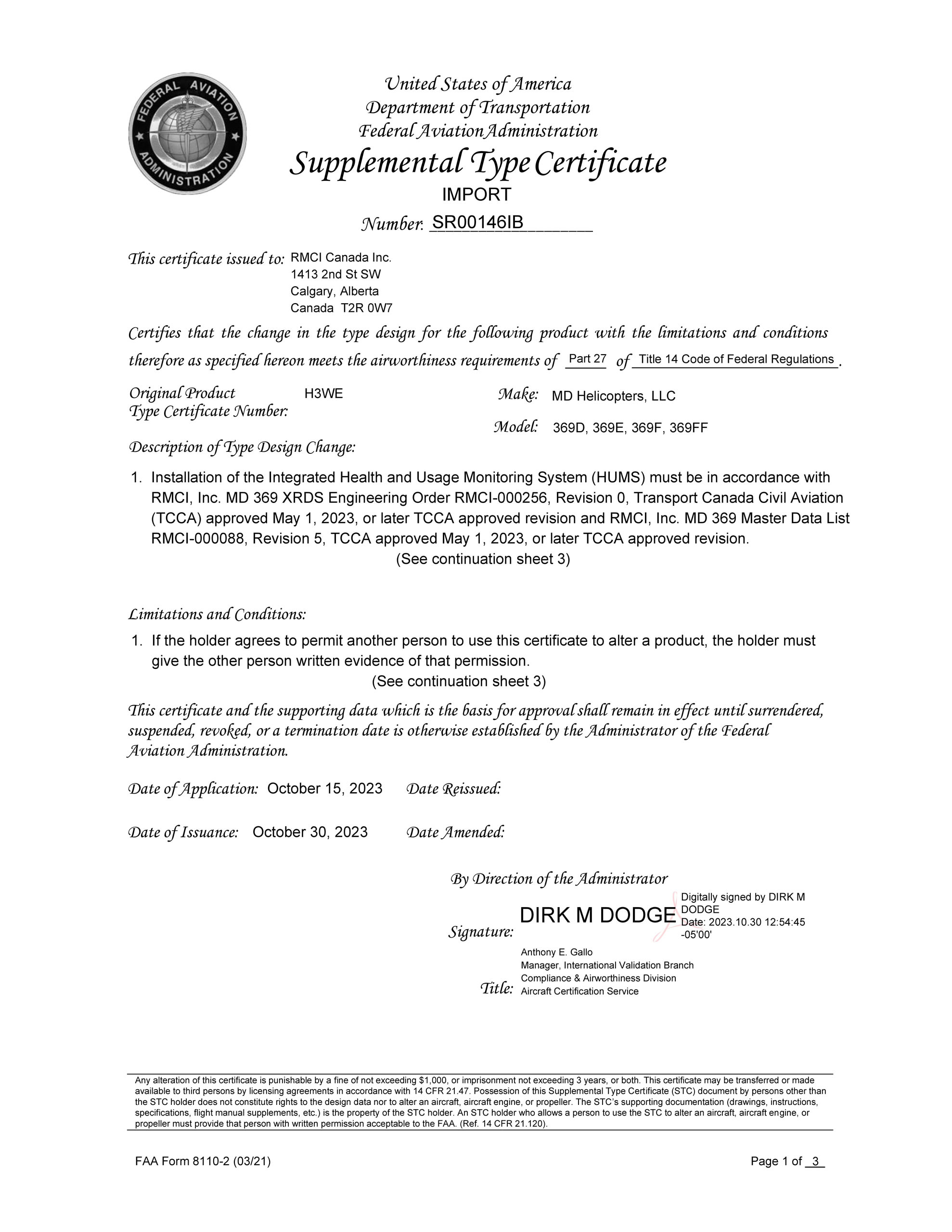 MD Helicopters 369D, 369E, 369F, 369FF Supplemental Type Certificate FAA RMCI-INC